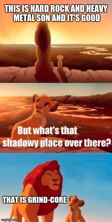 Simba Shadowy Place Meme | THIS IS HARD ROCK AND HEAVY METAL SON AND IT'S GOOD; THAT IS GRIND-CORE | image tagged in memes,simba shadowy place | made w/ Imgflip meme maker