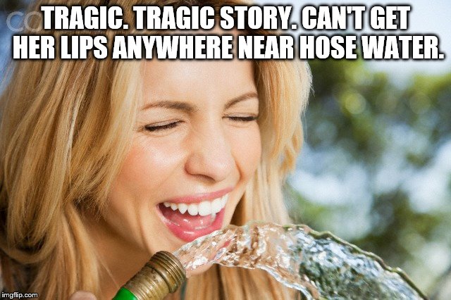 TRAGIC. TRAGIC STORY. CAN'T GET HER LIPS ANYWHERE NEAR HOSE WATER. | image tagged in water | made w/ Imgflip meme maker