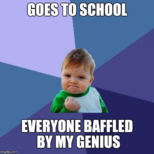 Success Kid Meme | GOES TO SCHOOL EVERYONE BAFFLED BY MY GENIUS | image tagged in memes,success kid | made w/ Imgflip meme maker