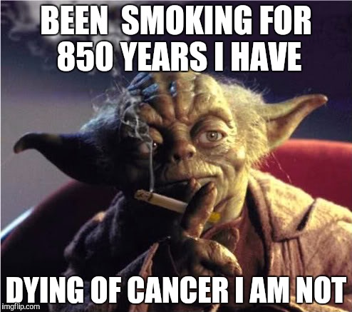 Yoda smoking  | BEEN  SMOKING FOR 850 YEARS I HAVE; DYING OF CANCER I AM NOT | image tagged in smoking,yoda smoking,star wars,memes,funny | made w/ Imgflip meme maker