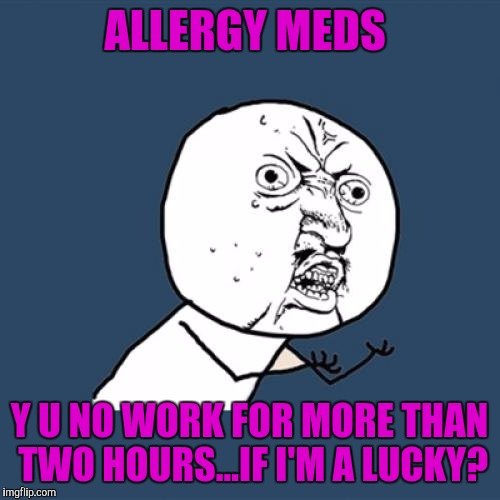 Y U No Meme | ALLERGY MEDS; Y U NO WORK FOR MORE THAN TWO HOURS...IF I'M A LUCKY? | image tagged in memes,y u no | made w/ Imgflip meme maker