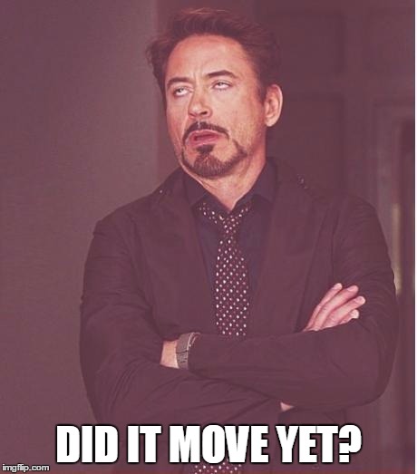 Face You Make Robert Downey Jr Meme | DID IT MOVE YET? | image tagged in memes,face you make robert downey jr | made w/ Imgflip meme maker