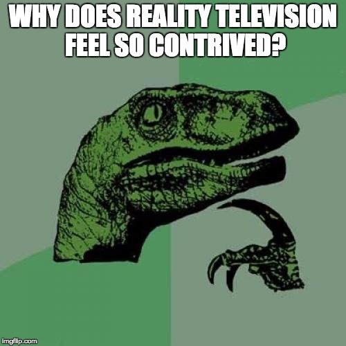 Philosoraptor | WHY DOES REALITY TELEVISION FEEL SO CONTRIVED? | image tagged in memes,philosoraptor | made w/ Imgflip meme maker