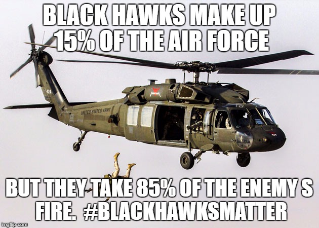 Black Hawk Parachute Jump Soldier | BLACK HAWKS MAKE UP 15% OF THE AIR FORCE; BUT THEY TAKE 85% OF THE ENEMY
S FIRE. 
#BLACKHAWKSMATTER | image tagged in black hawk parachute jump soldier | made w/ Imgflip meme maker