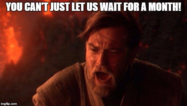 You Were The Chosen One (Star Wars) Meme | YOU CAN'T JUST LET US WAIT FOR A MONTH! | image tagged in memes,you were the chosen one star wars | made w/ Imgflip meme maker