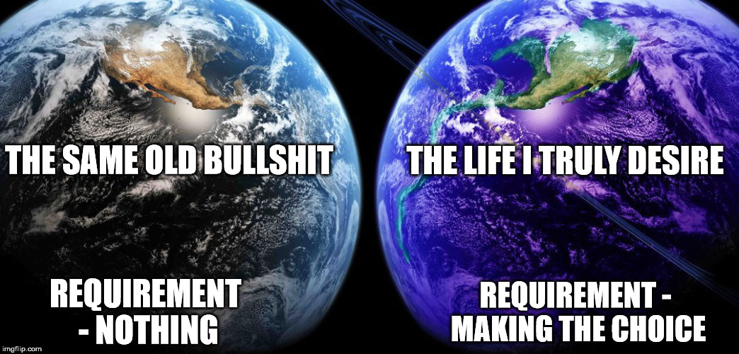 Parallel Realities | THE LIFE I TRULY DESIRE; THE SAME OLD BULLSHIT; REQUIREMENT - NOTHING; REQUIREMENT - MAKING THE CHOICE | image tagged in parallel realitiess | made w/ Imgflip meme maker