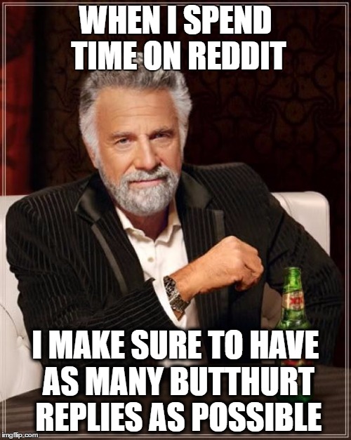The Most Butthurt Reddit User In The World | WHEN I SPEND TIME ON REDDIT; I MAKE SURE TO HAVE AS MANY BUTTHURT REPLIES AS POSSIBLE | image tagged in memes,the most interesting man in the world | made w/ Imgflip meme maker