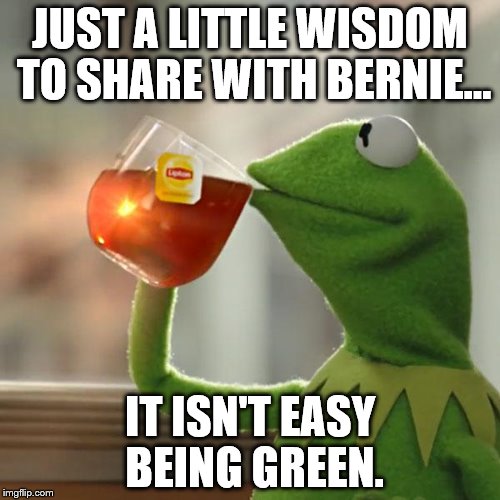 But That's None Of My Business | JUST A LITTLE WISDOM TO SHARE WITH BERNIE... IT ISN'T EASY BEING GREEN. | image tagged in memes,but thats none of my business,kermit the frog | made w/ Imgflip meme maker