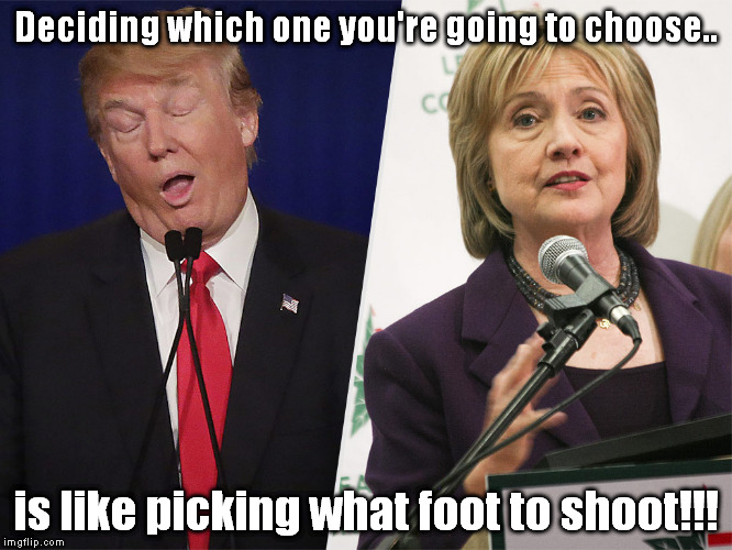 Which one? | Deciding which one you're going to choose.. is like picking what foot to shoot!!! | image tagged in donald,hillary,vote,trump,clinton | made w/ Imgflip meme maker