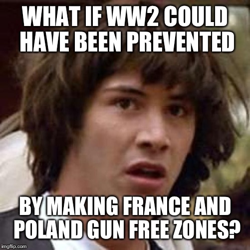 Conspiracy Keanu Meme | WHAT IF WW2 COULD HAVE BEEN PREVENTED BY MAKING FRANCE AND POLAND GUN FREE ZONES? | image tagged in memes,conspiracy keanu | made w/ Imgflip meme maker