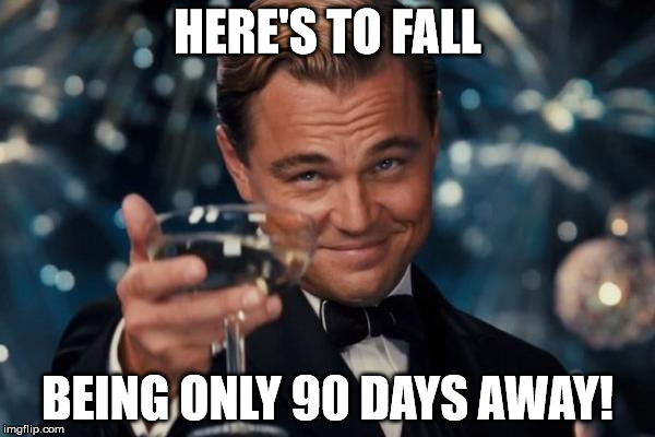 Best part of summer? Fall. | HERE'S TO FALL; BEING ONLY 90 DAYS AWAY! | image tagged in memes,leonardo dicaprio cheers,fall,seasons | made w/ Imgflip meme maker