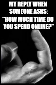Putting the 'index' to good use. | MY REPLY WHEN SOMEONE ASKS:; "HOW MUCH TIME DO YOU SPEND ONLINE?" | image tagged in finger,strength,memes,funny,online,no life | made w/ Imgflip meme maker
