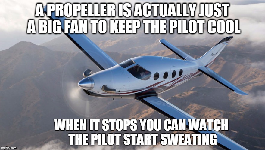 So hot here, I'm sweating anyway! | A PROPELLER IS ACTUALLY JUST A BIG FAN TO KEEP THE PILOT COOL; WHEN IT STOPS YOU CAN WATCH THE PILOT START SWEATING | image tagged in engine failure,propeller,prop plane,aviation,pilot | made w/ Imgflip meme maker