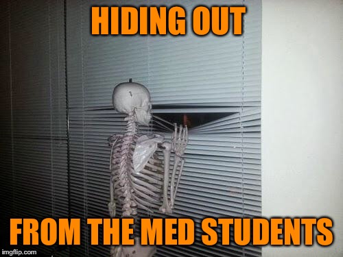Waiting Skeleton |  HIDING OUT; FROM THE MED STUDENTS | image tagged in waiting skeleton | made w/ Imgflip meme maker