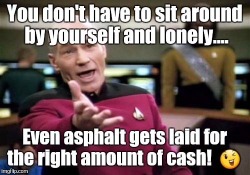 Lonely? | You don't have to sit around by yourself and lonely.... Even asphalt gets laid for the right amount of cash!  😉 | image tagged in memes,picard wtf,original meme | made w/ Imgflip meme maker