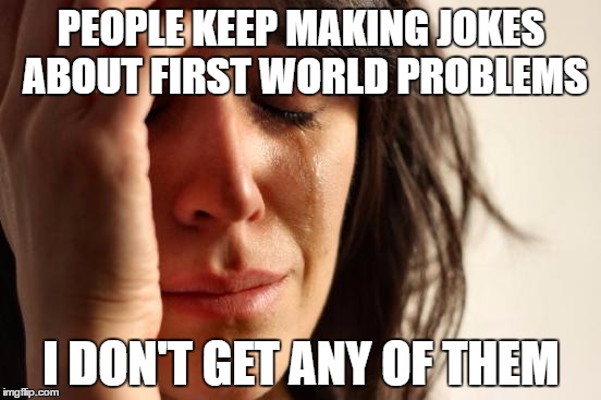 Can we get more "first world problems" than this? | PEOPLE KEEP MAKING JOKES ABOUT FIRST WORLD PROBLEMS; I DON'T GET ANY OF THEM | image tagged in memes,first world problems | made w/ Imgflip meme maker