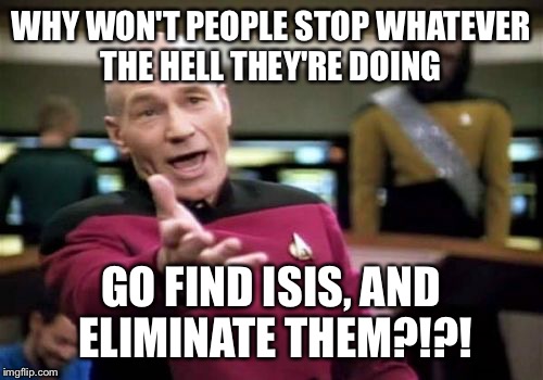 Picard Wtf Meme | WHY WON'T PEOPLE STOP WHATEVER THE HELL THEY'RE DOING; GO FIND ISIS, AND ELIMINATE THEM?!?! | image tagged in memes,picard wtf | made w/ Imgflip meme maker