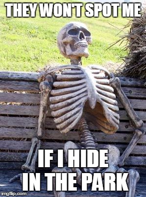Waiting Skeleton Meme | THEY WON'T SPOT ME IF I HIDE IN THE PARK | image tagged in memes,waiting skeleton | made w/ Imgflip meme maker