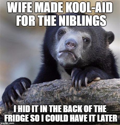 Confession Bear Meme | WIFE MADE KOOL-AID FOR THE NIBLINGS; I HID IT IN THE BACK OF THE FRIDGE SO I COULD HAVE IT LATER | image tagged in memes,confession bear | made w/ Imgflip meme maker