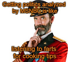 Captain Obvious and MSNBC | Getting politics analyzed by MSNBC is like; listening to farts for cooking tips | image tagged in hmm captain obvious,msnbc,political analysis | made w/ Imgflip meme maker