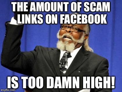 Facebook woes | THE AMOUNT OF SCAM LINKS ON FACEBOOK; IS TOO DAMN HIGH! | image tagged in memes,too damn high | made w/ Imgflip meme maker