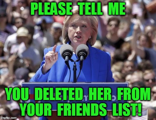 Hillary | PLEASE  TELL  ME YOU  DELETED  HER  FROM  YOUR  FRIENDS  LIST! | image tagged in hillary | made w/ Imgflip meme maker