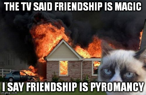 Burn Kitty | THE TV SAID FRIENDSHIP IS MAGIC; I SAY FRIENDSHIP IS PYROMANCY | image tagged in memes,burn kitty | made w/ Imgflip meme maker