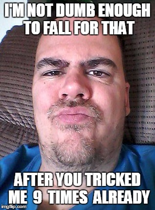 Scowl | I'M NOT DUMB ENOUGH TO FALL FOR THAT AFTER YOU TRICKED ME  9  TIMES  ALREADY | image tagged in scowl | made w/ Imgflip meme maker