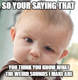 Skeptical Baby | SO YOUR SAYING THAT; YOU THINK YOU KNOW WHAT THE WEIRD SOUNDS I MAKE ARE | image tagged in memes,skeptical baby | made w/ Imgflip meme maker