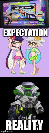 Because water kills inklings! | EXPECTATION; REALITY | image tagged in splatoon,water,swimwear,nintendo,callie and marie | made w/ Imgflip meme maker
