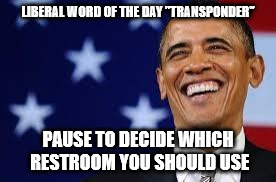Thanks Obama | LIBERAL WORD OF THE DAY "TRANSPONDER"; PAUSE TO DECIDE WHICH RESTROOM YOU SHOULD USE | image tagged in thanks obama | made w/ Imgflip meme maker