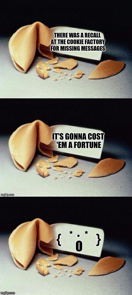 Bad pun unfortunate cookie | THERE WAS A RECALL AT THE COOKIE FACTORY FOR MISSING MESSAGES; IT'S GONNA COST 'EM A FORTUNE | image tagged in unfortunate cookie,sewmyeyesshut,funny memes | made w/ Imgflip meme maker