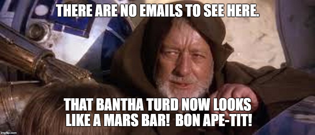 THERE ARE NO EMAILS TO SEE HERE. THAT BANTHA TURD NOW LOOKS LIKE A MARS BAR!  BON APE-TIT! | made w/ Imgflip meme maker