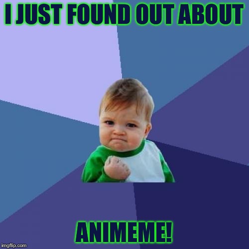Although I Think I'm A Little Late to the Party..... | I JUST FOUND OUT ABOUT; ANIMEME! | image tagged in memes,success kid | made w/ Imgflip meme maker