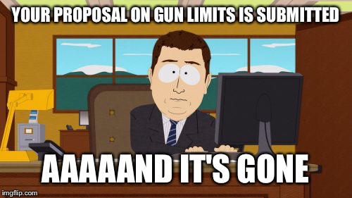 Aaaaand Its Gone | YOUR PROPOSAL ON GUN LIMITS IS SUBMITTED; AAAAAND IT'S GONE | image tagged in memes,aaaaand its gone | made w/ Imgflip meme maker