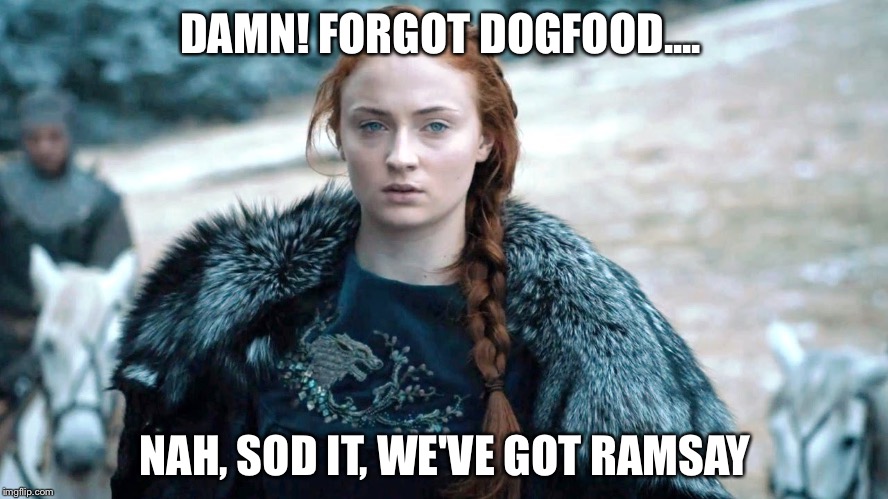 Sansa | DAMN! FORGOT DOGFOOD.... NAH, SOD IT, WE'VE GOT RAMSAY | image tagged in sansa | made w/ Imgflip meme maker