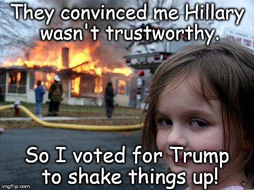 Disaster Girl Meme | They convinced me Hillary wasn't trustworthy. So I voted for Trump to shake things up! | image tagged in memes,disaster girl | made w/ Imgflip meme maker