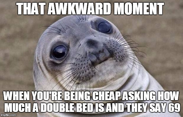 True story | THAT AWKWARD MOMENT; WHEN YOU'RE BEING CHEAP ASKING HOW MUCH A DOUBLE BED IS AND THEY SAY 69 | image tagged in memes,awkward moment sealion,cheap | made w/ Imgflip meme maker