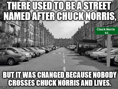 True Story. See the sign? | THERE USED TO BE A STREET NAMED AFTER CHUCK NORRIS, BUT IT WAS CHANGED BECAUSE NOBODY CROSSES CHUCK NORRIS AND LIVES. | image tagged in memes,funny,chuck norris,street | made w/ Imgflip meme maker