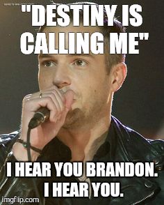 Brandon Flowers | "DESTINY IS CALLING ME"; I HEAR YOU BRANDON. I HEAR YOU. | image tagged in brandon flowers | made w/ Imgflip meme maker