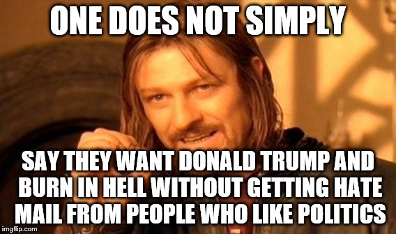 one does not simply hate Donald trump on imgflip | ONE DOES NOT SIMPLY; SAY THEY WANT DONALD TRUMP AND BURN IN HELL WITHOUT GETTING HATE MAIL FROM PEOPLE WHO LIKE POLITICS | image tagged in memes,one does not simply | made w/ Imgflip meme maker