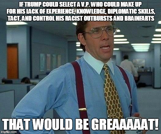 That Would Be Great Meme | IF TRUMP COULD SELECT A V.P. WHO COULD MAKE UP FOR HIS LACK OF EXPERIENCE, KNOWLEDGE, DIPLOMATIC SKILLS, TACT, AND CONTROL HIS RACIST OUTBURSTS AND BRAINFARTS; THAT WOULD BE GREAAAAAT! | image tagged in memes,that would be great | made w/ Imgflip meme maker