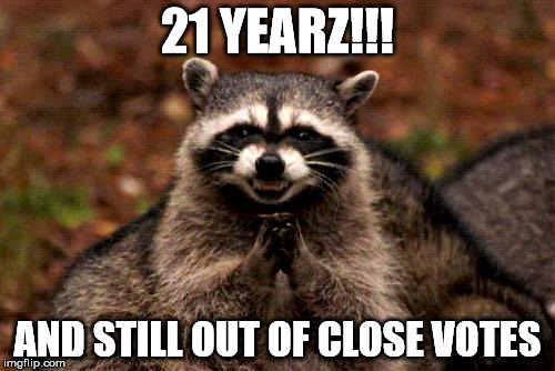 Evil Plotting Raccoon Meme | 21 YEARZ!!! AND STILL OUT OF CLOSE VOTES | image tagged in memes,evil plotting raccoon | made w/ Imgflip meme maker