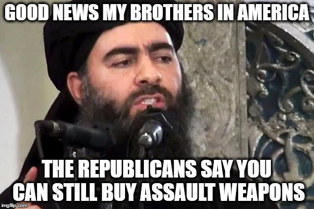 GOP ISIS | GOOD NEWS MY BROTHERS IN AMERICA; THE REPUBLICANS SAY YOU CAN STILL BUY ASSAULT WEAPONS | image tagged in gun control | made w/ Imgflip meme maker