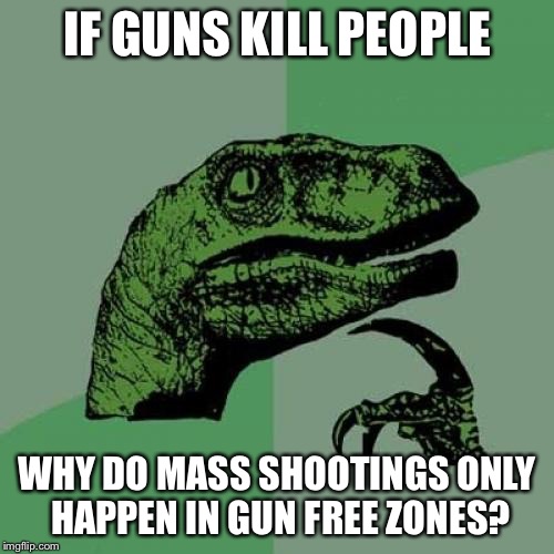 Philosoraptor |  IF GUNS KILL PEOPLE; WHY DO MASS SHOOTINGS ONLY HAPPEN IN GUN FREE ZONES? | image tagged in memes,philosoraptor | made w/ Imgflip meme maker