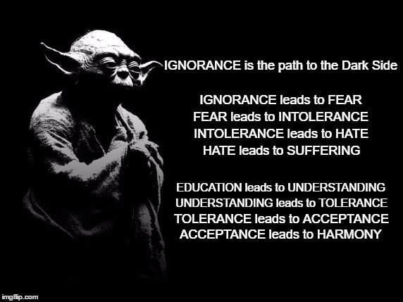 Yoda Ignorance vs Education | IGNORANCE is the path to the Dark Side; IGNORANCE leads to FEAR; FEAR leads to INTOLERANCE; INTOLERANCE leads to HATE; HATE leads to SUFFERING; EDUCATION leads to UNDERSTANDING; UNDERSTANDING leads to TOLERANCE; TOLERANCE leads to ACCEPTANCE; ACCEPTANCE leads to HARMONY | image tagged in yoda,advice y,ignorance,education | made w/ Imgflip meme maker