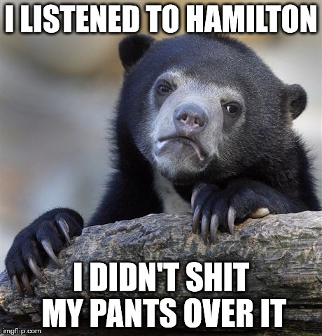 Because I've heard rap before. | I LISTENED TO HAMILTON; I DIDN'T SHIT MY PANTS OVER IT | image tagged in memes,confession bear | made w/ Imgflip meme maker