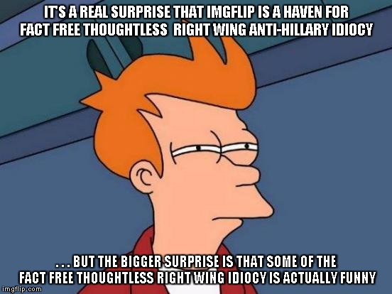 Futurama Fry Meme | IT'S A REAL SURPRISE THAT IMGFLIP IS A HAVEN FOR FACT FREE THOUGHTLESS  RIGHT WING ANTI-HILLARY IDIOCY; . . . BUT THE BIGGER SURPRISE IS THAT SOME OF THE FACT FREE THOUGHTLESS RIGHT WING IDIOCY IS ACTUALLY FUNNY | image tagged in memes,futurama fry | made w/ Imgflip meme maker