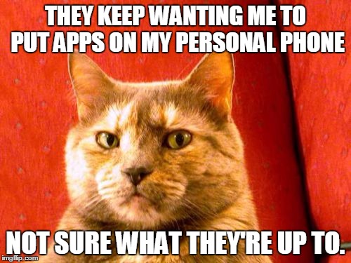 Suspicious Cat | THEY KEEP WANTING ME TO PUT APPS ON MY PERSONAL PHONE; NOT SURE WHAT THEY'RE UP TO. | image tagged in memes,suspicious cat | made w/ Imgflip meme maker