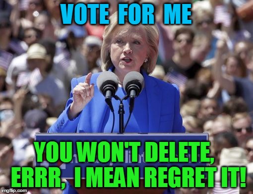 Hillary | VOTE  FOR  ME YOU WON'T DELETE,  ERRR,  I MEAN REGRET IT! | image tagged in hillary | made w/ Imgflip meme maker